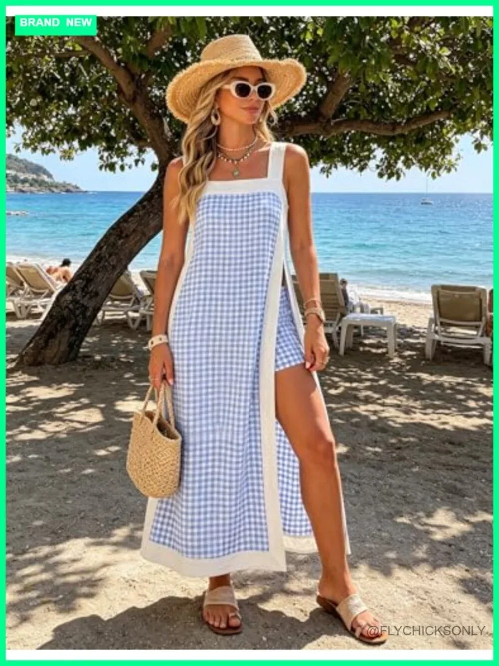 Women's Two Piece Plaid Short Sleeveless Maxi Dress Sets with Pockets